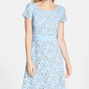 Shani Powder Blue Laser Cut Floral Off Shoulder Fit Flare Dress